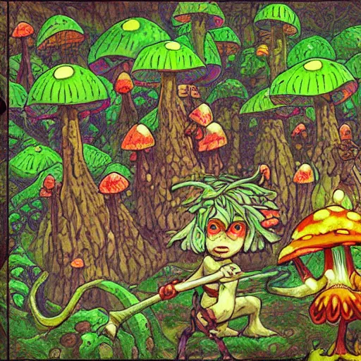 Prompt: scary godlike fairy killing a frog in a detailed mushroom village, horror , superb Resolution , art style of junji ito, cel animation , masterpiece , post-processing , intricate , hyper realistic anime , perfect pixel art , matte painting , vibrant colors