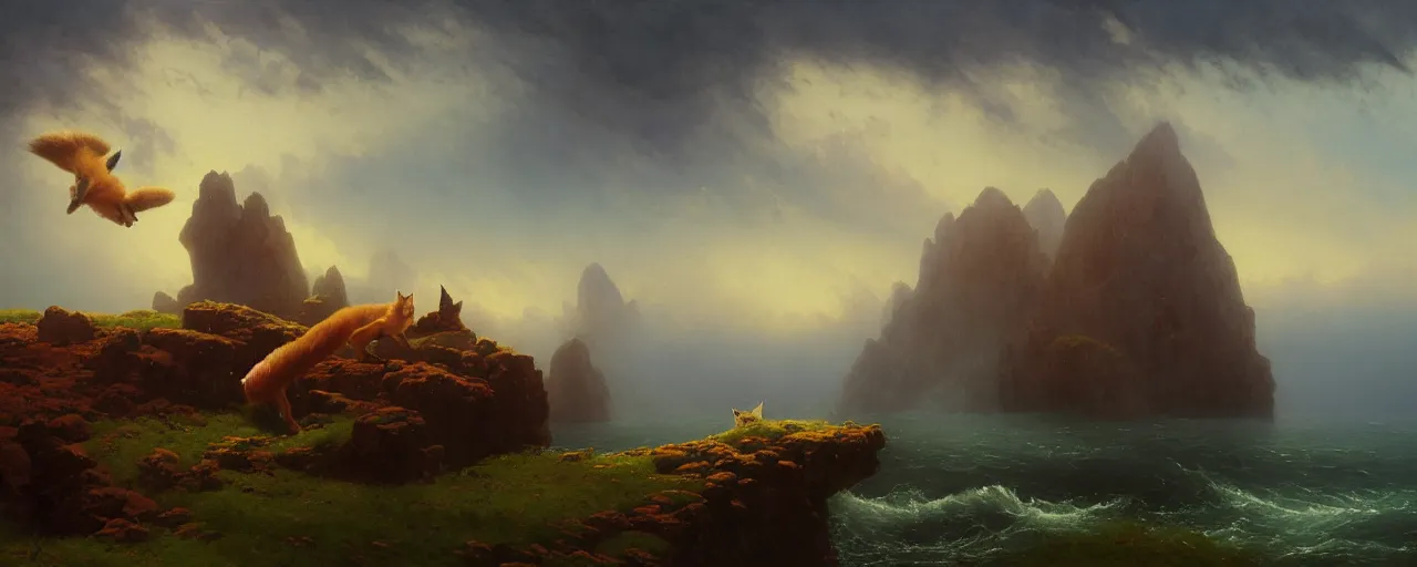 Prompt: playing with fluffy foxes, Ivan Aivazovsky, Christopher Balaskas, Noah Bradley, Albert Bierstadt, Jim Burns, Edwin Church, Frederic Thomas Cole, Brown Durand, Asher David Friedrich, Caspar James Gurney, Johnson Heade, Martin Raphael Lacoste, Ted Nasmith, Andreas Rocha, Christophe Vacher