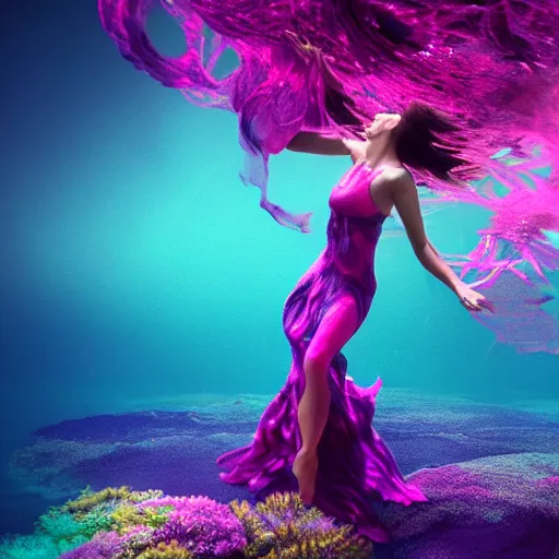 Image similar to woman dancing underwater wearing a flowing dress made of blue, magenta, and yellow seaweed, delicate coral sea bottom, swirling silver fish, swirling smoke shapes, octane render, caustics lighting from above, cinematic, hyperdetailed