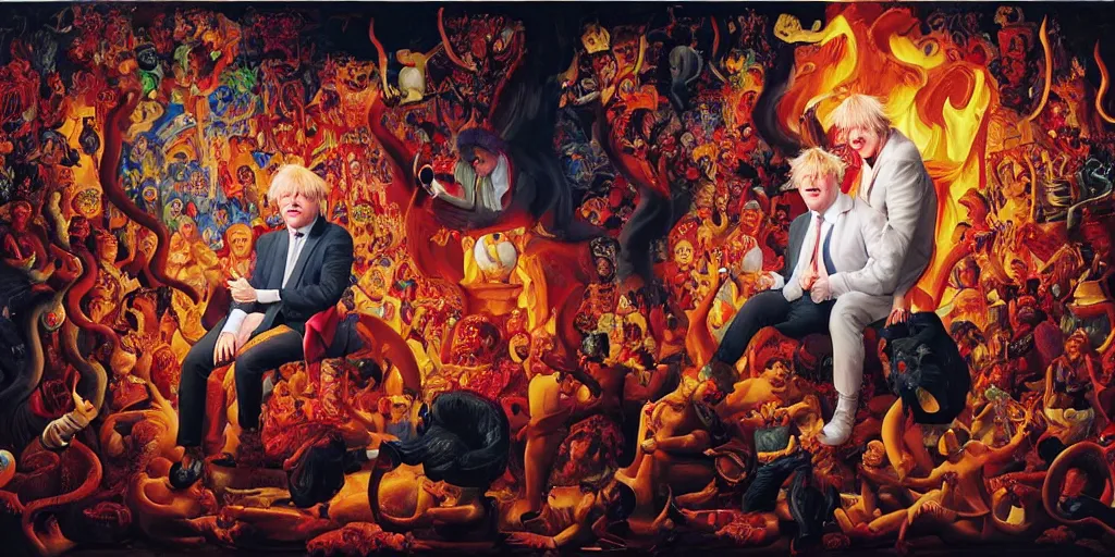 Image similar to rishi sunak and boris johnson in hell, abstract oil painting by gottfried helnwein pablo amaringo raqib shaw zeiss lens sharp focus high contrast chiaroscuro gold complex intricate bejeweled