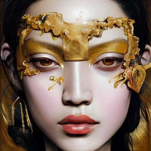 Image similar to Kiko Mizuhara body and face painted gold all over, physically accurate, very very very dramatic dynamic lighting, intricate, elegant, highly detailed, digital painting, artstation, very hyperrealistic, HR GIGER, Hieronymus Bosch, Francis Bacon, concept art, smooth, sharp focus, illustration, art by artgerm and greg rutkowski and alphonse mucha