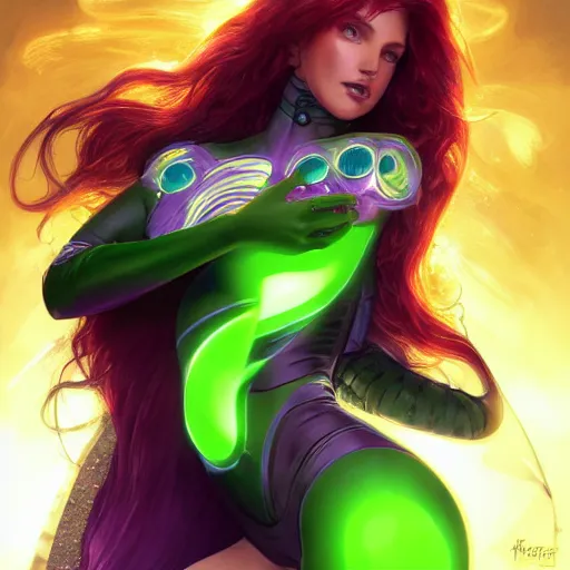 Image similar to ultra realistic illustration, bella thorne as starfire anime with glowing green eyes, intricate, elegant, highly detailed, digital painting, artstation, concept art, smooth, sharp focus, illustration, art by artgerm and greg rutkowski and alphonse mucha