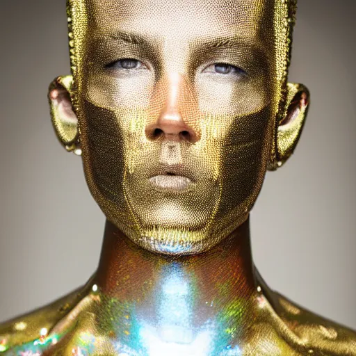 Prompt: a portrait of a beautiful young male wearing an alexander mcqueen armor made of holographic wax , photographed by andrew thomas huang, artistic