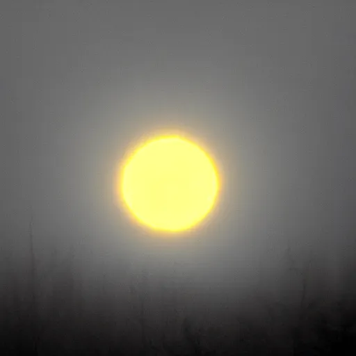 Image similar to the sun has a face with many eyes and teeth. seen through the fog