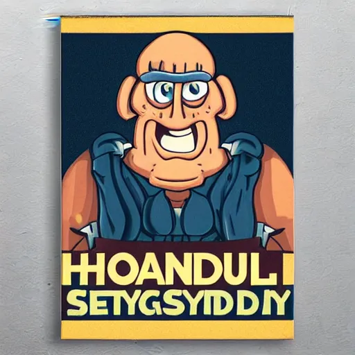 Image similar to handsome man, handsome squidward, big smile, hero, strong chin, handsome, poster style