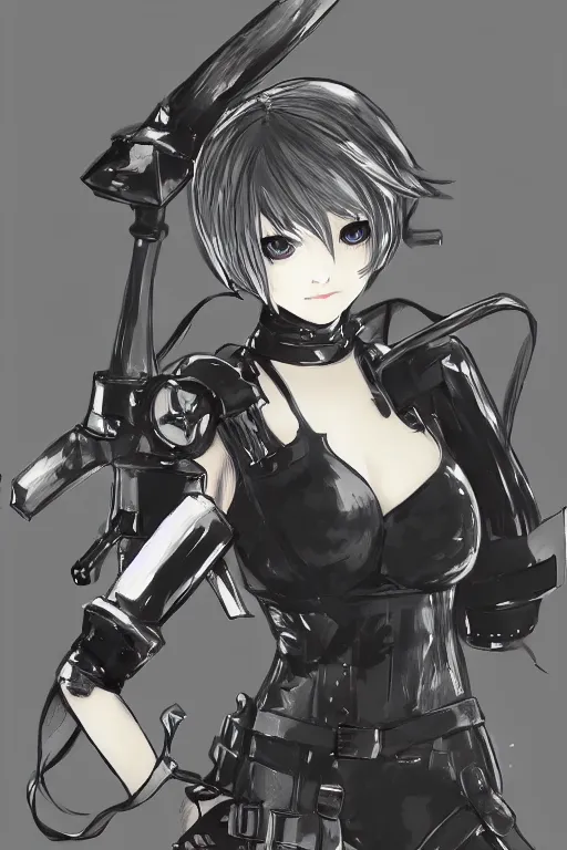 Image similar to a portrait of 2B from Nier Automata in the style of Yoji Shinkawa