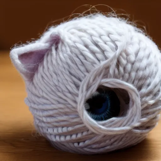 Image similar to photo of a ball of yarn with the face of a kitten