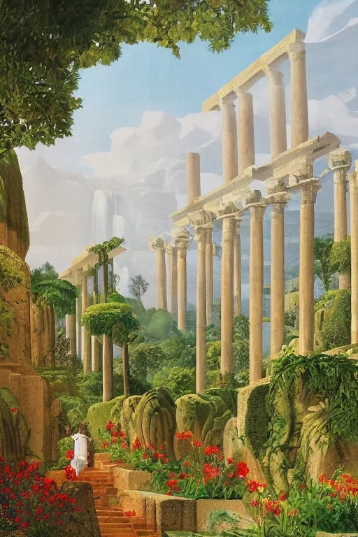 Image similar to hanging gardens of babylon, temple of artemis at ephesus, waterfalls, blooming hills with spring flowers and pillars by helen lundeberg