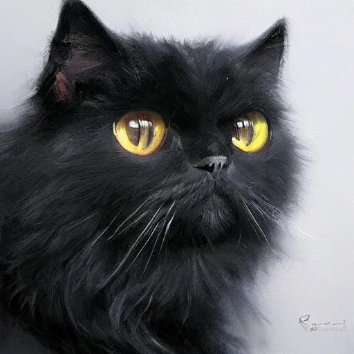 Prompt: closeup portrait of black persian cat staring contemptuously at people, painted by greg rutkowski, painted by igor kieryluk, trending on artstation