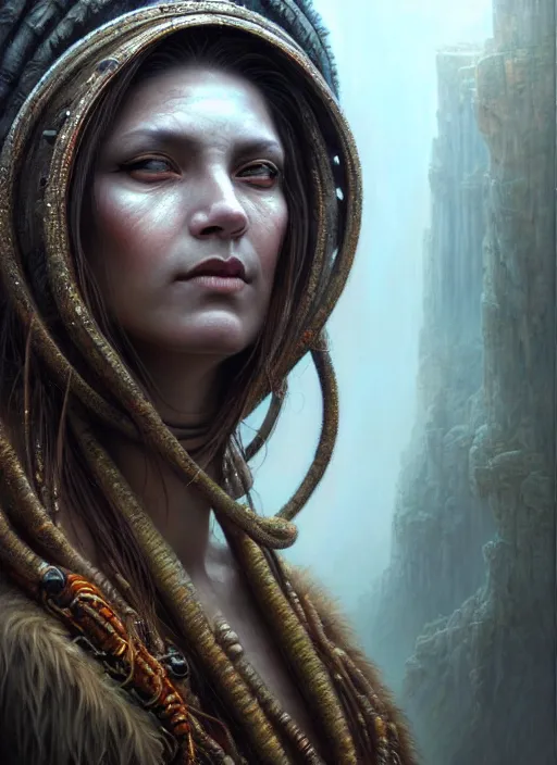 Image similar to closeup portrait shot of a female shaman in a scenic dystopian environment, intricate, elegant, highly detailed, centered, digital painting, artstation, concept art, smooth, sharp focus, illustration, artgerm, tomasz alen kopera, peter mohrbacher, donato giancola, joseph christian leyendecker, wlop, boris vallejo