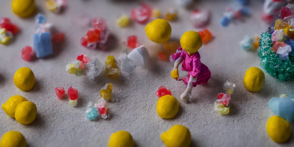 Image similar to a cinematic film still of a claymation stop motion film about a town made of lemons and candy, shallow depth of field, 8 0 mm, f 1. 8