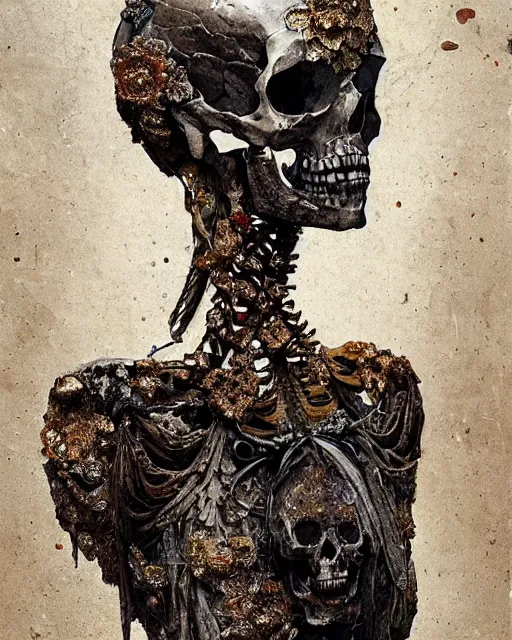 Prompt: A boney thin body girl humanoid with teared viscose clothes wearing a carved mineral mask with tiny mineral and gold incrustations. skull bones, , hyper detailed, insane details, intricate, elite, ornate, elegant, luxury, by Ismail inceoglu dragan bibin hans thoma greg rutkowski Alexandros Pyromallis Nekro Rene Maritte Illustrated, Perfect face, fine details, realistic shaded, fine-face, pretty face