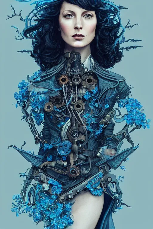 Prompt: in the style of joshua middleton, artgerm, beautiful caitriona balfe, steampunk, full body, blue dress, elegant pose, middle shot, spooky, symmetrical face, symmetrical eyes, detailed realisitc eyes, detailed realistic eyes, detailed and intricate