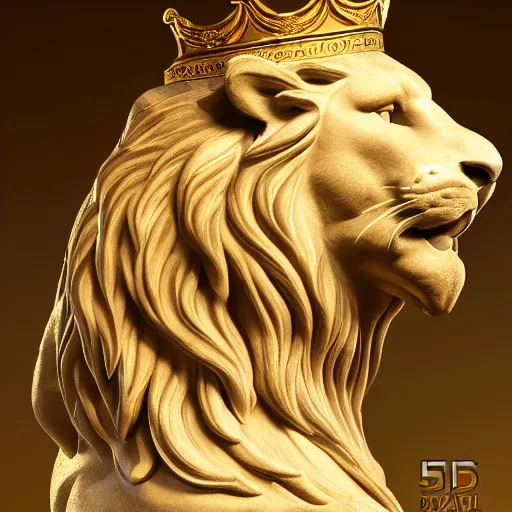 Image similar to side portrait of a lion in the form of a greek sculpture in marble, with a gold crown, baroque elements in the background, museum. photorealistic. ultra detailed. flash. intricate artwork by miguel angel. octane render. cinematic. 4 k. bokeh.