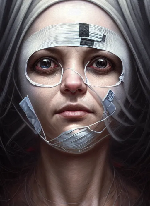 Image similar to closeup portrait shot of a nurse with bandages over eyes in a scenic dystopian environment, intricate, elegant, highly detailed, centered, digital painting, artstation, concept art, smooth, sharp focus, illustration, artgerm, tomasz alen kopera, peter mohrbacher, donato giancola, joseph christian leyendecker, wlop, boris vallejo