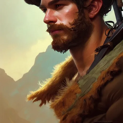 Prompt: portrait of a young rugged ranger, muscular, upper body, hairy thighs, D&D, fantasy, intricate, cinematic lighting, highly detailed, digital painting, artstation, concept art, smooth, sharp focus, illustration, art by Artgerm and Greg Rutkowski and Alphonse Mucha