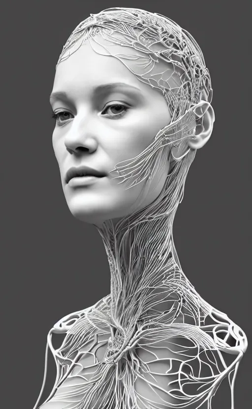 Image similar to complex 3d render ultra detailed of a beautiful porcelain profile woman face, hazel eyes, vegetal dragon cyborg, 150 mm, beautiful natural soft light, rim light, silver black details, magnolia big yellow infrared leaves and stems, roots, fine lace, maze like, mandelbot fractal, anatomical, facial muscles, cable wires, microchip, elegant, white metallic armor, octane render, black and white, H.R. Giger style