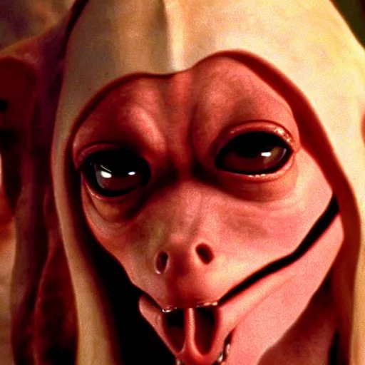 Image similar to film still of jar jar binks as a female cowgirl, long eyeslashes, big juicy lips, big seductive eyes