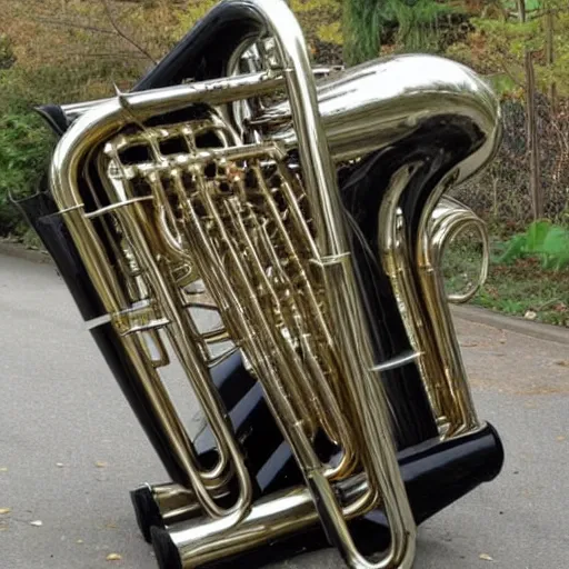 Prompt: weird cursed hybrid musical instruments made of metal string instruments tubas piano drum thing