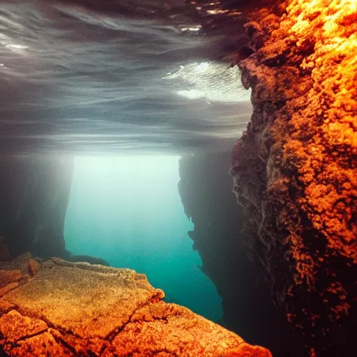 Image similar to A photo of a underwater cliff. Underwater photo, dream like, haunting, atmospheric, cinematic lighting.