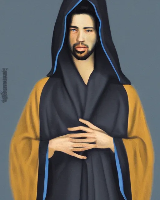 Image similar to digital art portrait of a young man in dark robes, hooded