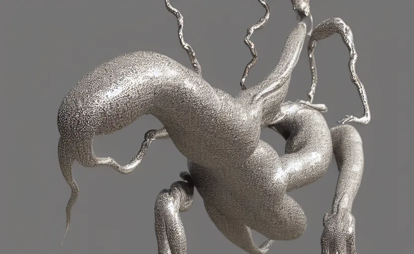 Prompt: stylized shiny polished silver statue full body extra limbs bizarre cosmic horror quadruped four legs made of marble of slug creature tendrils, perfect symmetrical body, perfect symmetrical face, hyper realistic, hyper detailed, by johannen voss, by michelangelo, octane render, blender, 8 k, displayed in pure white studio room