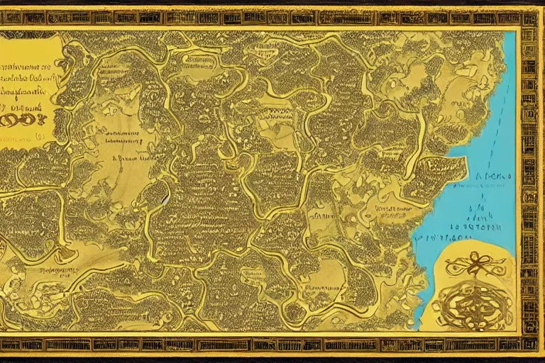 Image similar to Map of a heavenly realm including regional borders made of gold and statistics for each region, intricately detailed, full color