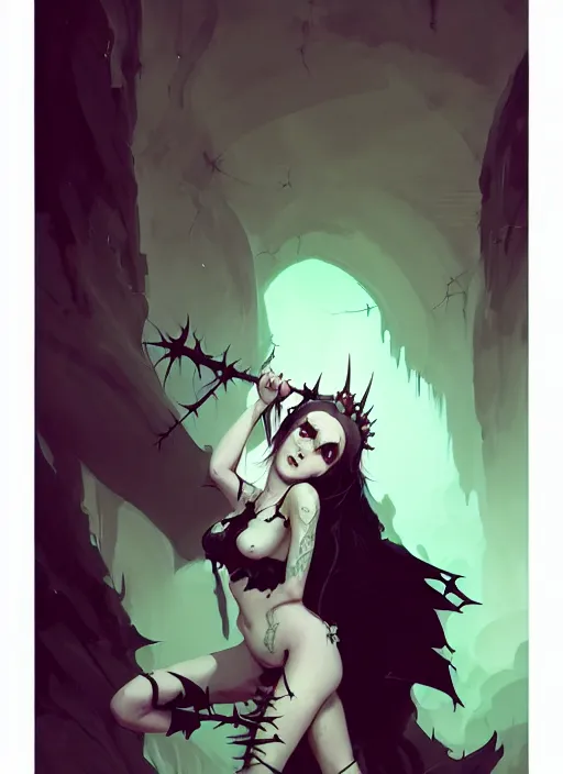 Image similar to cute succubus girl with crown of thorns and horns with runic tattoos, dark fantasy, by atey ghailan, by greg rutkowski, by greg tocchini, by james gilleard, by joe gb fenton, by in kaethe butcher, dynamic lighting, gradient light green, brown, blonde cream and white color in scheme, grunge aesthetic