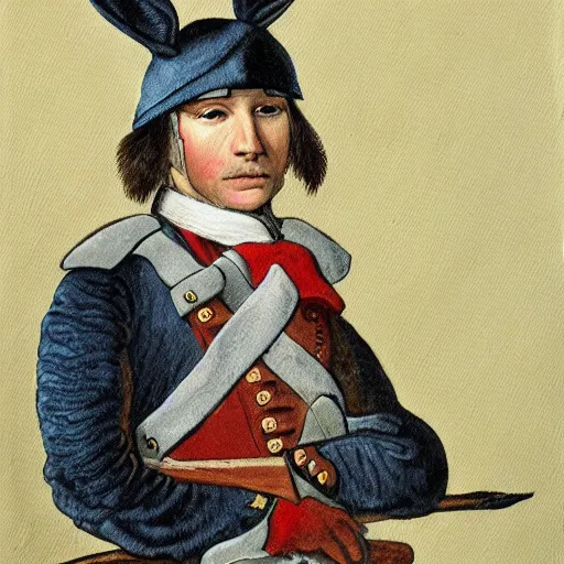 Image similar to a painting of a rabbit wearing Continental Army Uniform of an officer