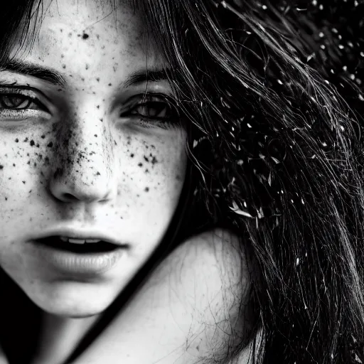 Prompt: black & white portrait of a red-haired girl with freckles, high quality, high detailed, 35mm lens, black background