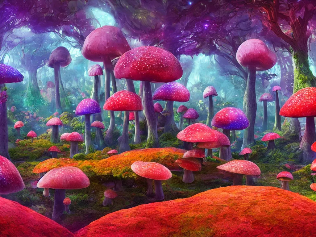 Prompt: a beautiful otherworldly fantasy landscape of giant luminous mushroom trees forming canopies over bright colorful mythical sprouted floral plants and colorful foliage on the ground, like alice in wonderland, extreme detail, rendering, cryengine, deep color, vray render, cinema 4 d, cgsociety, bioluminescent