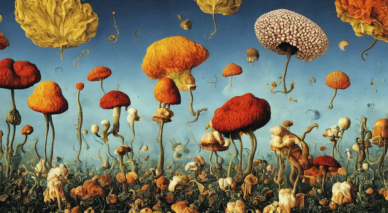 Image similar to a single colorful! ( lovecraftian ) fungus white! clear empty sky, a high contrast!! ultradetailed photorealistic painting by jan van eyck, audubon, rene magritte, agnes pelton, max ernst, walton ford, andreas achenbach, ernst haeckel, hard lighting, masterpiece