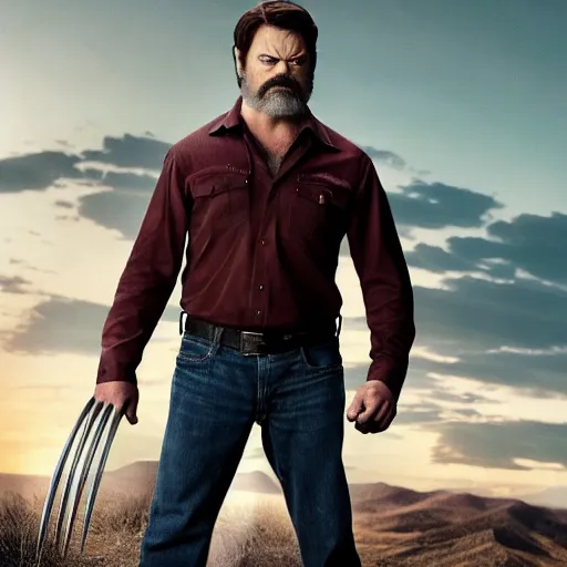 Image similar to logan pictured as nick offerman in wolverine x - men suit, marvel movie still, detailed 8 k, imdb poster style