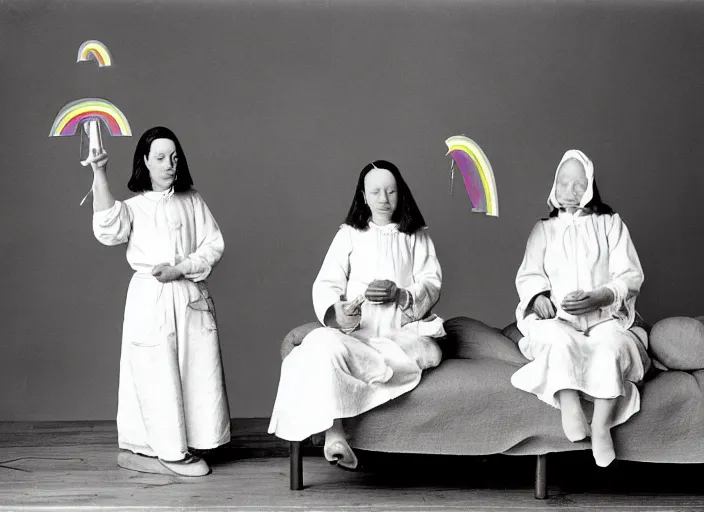 Image similar to realistic photo two medieval female scientists wearing white cotton doing an experiment with a cloud and rainbow, living room interior is made of wood 1 9 9 0, life magazine reportage photo