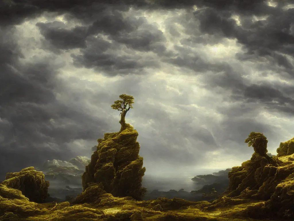 Image similar to detailed landscape, high cliff, very detailed dark super storm, hyper realistic clouds, impressive, magical, very atmospheric, smoke boiling, cinematic, deep, very high complexity, stunning, masterpiece, chiaroscuro, in the style of caspar david friedrich, very detailed. 4 k