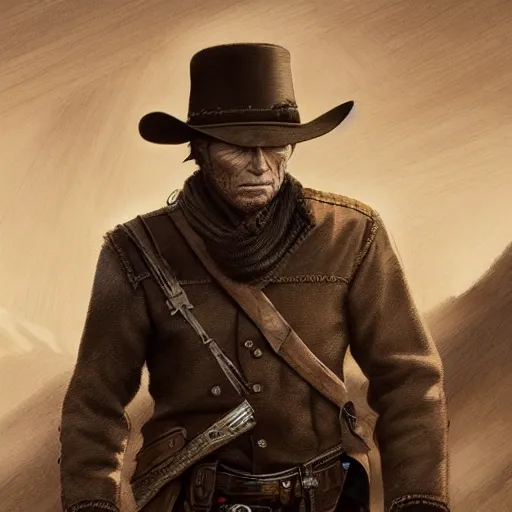 Prompt: clint eastwood western hero, illustration, epic, fantasy, intricate, hyper detailed, artstation, concept art, smooth, sharp focus, ray tracing, vibrant, photorealistic, makovsky, nikolay