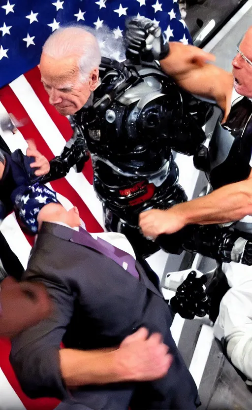 Image similar to robocop punching joe biden in the face, slow motion still