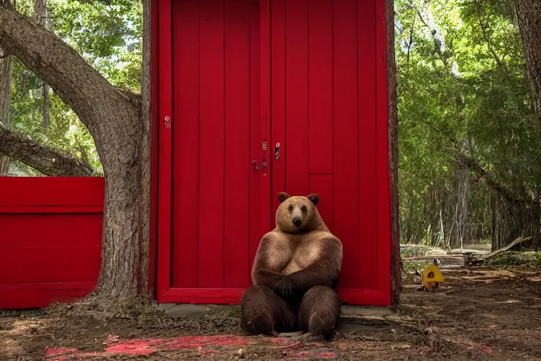 Image similar to grizzly wearing a red shirt sitting outside big tree with a red door by Roger Deakins