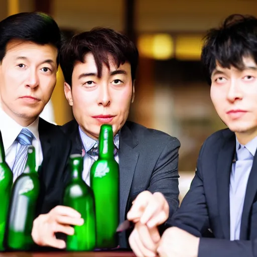 Image similar to korean business men drinking from green bottles by huskmitnavn