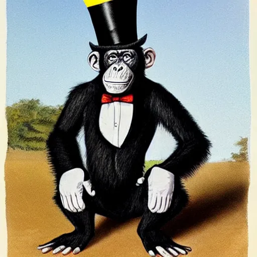 Prompt: chimpanzee wearing a top hat and suit, hyperrealistic