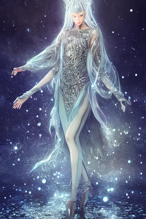 Image similar to a moon wizard dressed in intricate silver clothing surrounded by water particles above a serene pond, fantasy, wlop, trending on artstation, deviantart, anime key visual, official media, professional art, 8 k uhd