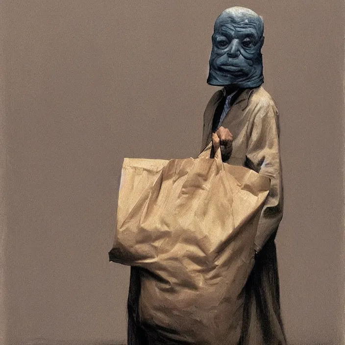 Image similar to melted old fat man portrait with a paper bag over the head, in paper bag clothing, holding a stack of paper bags, highly detailed, artstation, edward hopper, art by zdislav beksinski, wayne barlowe, edward hopper