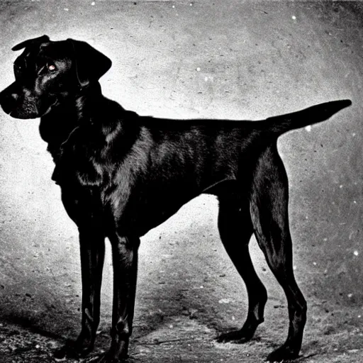 Prompt: an early 1 9 0 0 s photograph of a black dog marked by an extraterrestrial sigil, moonlight, nighttime,