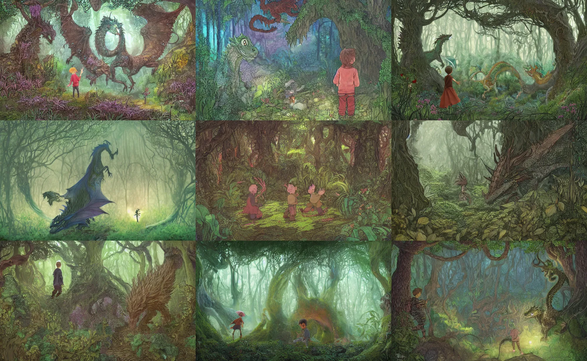 Prompt: children kids book illustration of boy meeting dragon in fantasy forest. dark guache, pastels. pencils. dark. complex pattern figurative ornamental. leafy mossy patterns. disney. ghibli. moebius. volumetric light. mucha. yerka. atmosphere. textured patterns, trending artstation, behance, orthoview