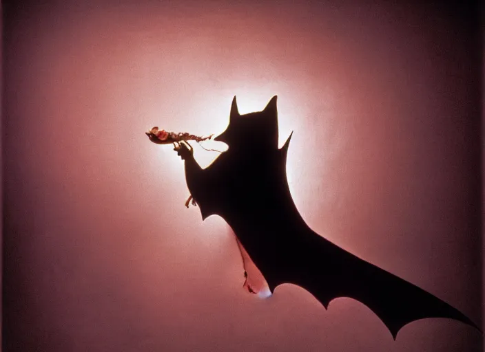 Image similar to a long shot, color studio photographic portrait of a bat eating bananas, dramatic backlighting, 1 9 9 3 photo from life magazine,