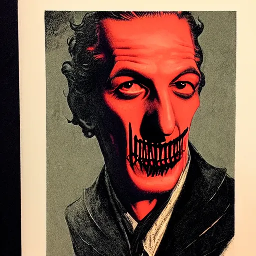 Image similar to 1 9 6 0 s vincent price portrait, soft light, by killian eng and joe fenton and bernie wrightson and conrad roset, inspired by dracula, red only, etching and paint, fine sharp high detail,