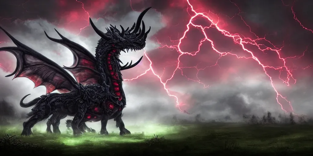 Prompt: A beautiful and very detailed photo of a huge lich dragon with wings spread out in a night of storm clouds and red lightning streaking down from the sky. He has large circular horns like those of a bighorn ram, red eyes, and a few pieces of his flesh missing or torn, and green smoke coming from his dark greenish body, majestic, exalted, elegant, epic, 4k, 8k, trending on Artstation, digital art