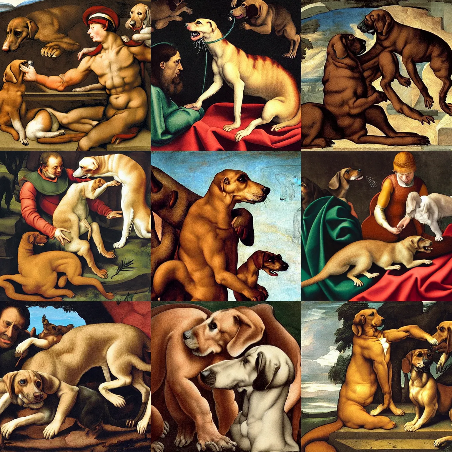 Prompt: a weasel petting a bloodhound, painted by michelangelo