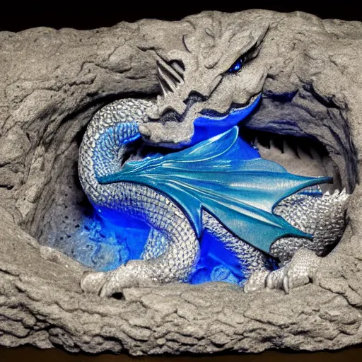 Prompt: Dragon sleeping in a deep, dark cave made of blue crystal.