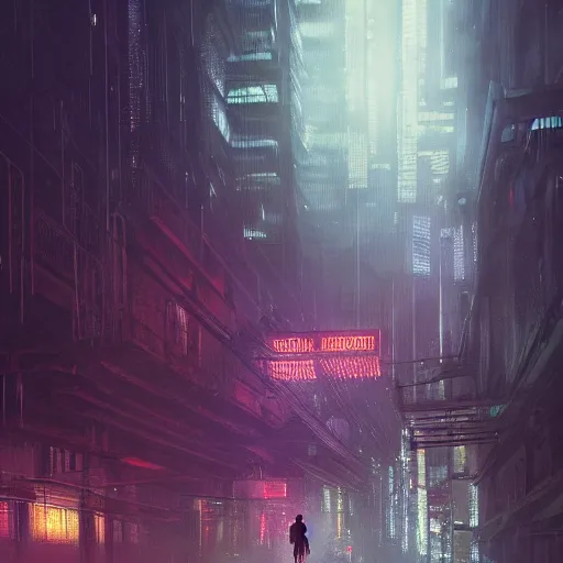 Image similar to a wanderer in a cyberpunk city, megastructure in the background, night, dramatic lighting, chiaroscuro, high detail, painted by greg rutkowski, painted by igor kieryluk, painted by raymond swanland, trending on artstation